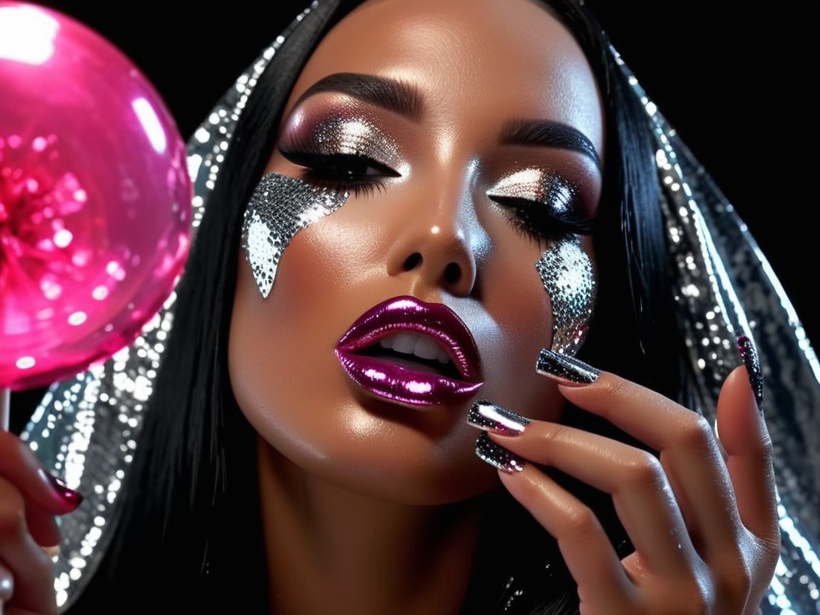 Glamorous Portrait with Bold Makeup and Lollipop