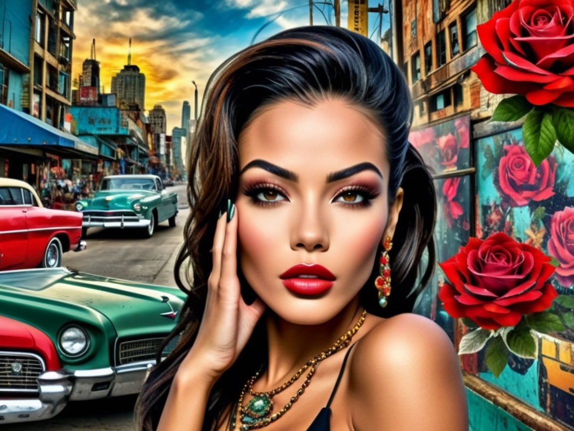 Glamorous Woman Posing in Colorful City Scene