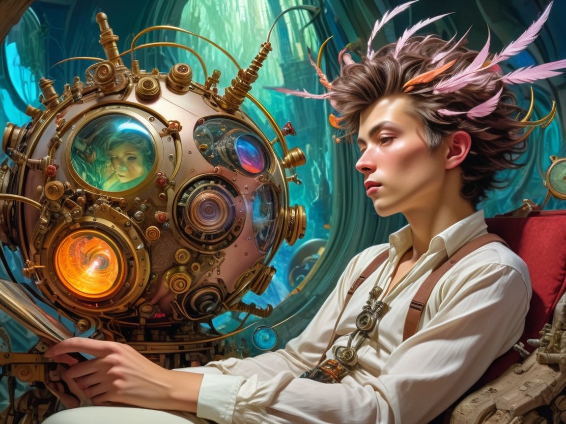 Young man beside whimsical steampunk device with reflection