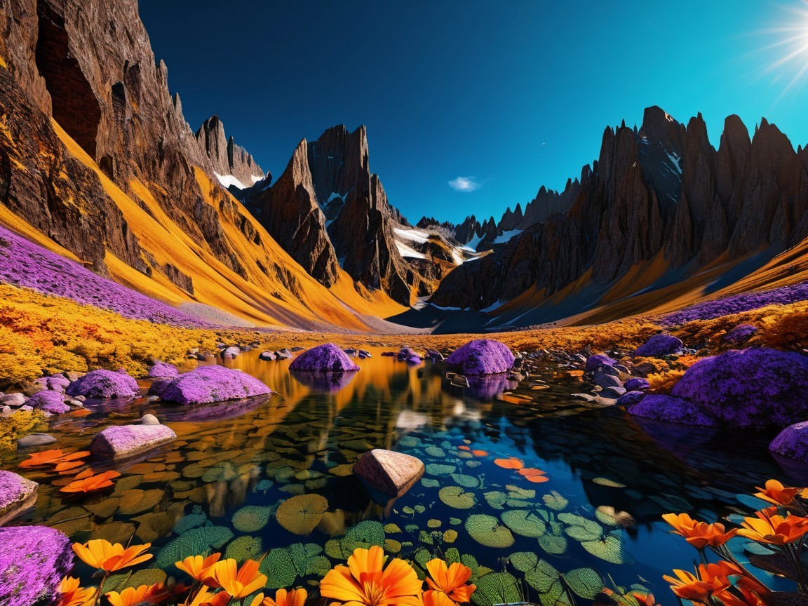 Vibrant Landscape with Reflective Lake and Mountains
