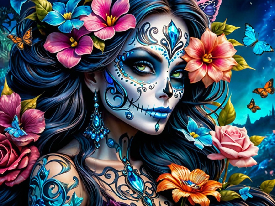 Colorful depiction of a woman with sugar skull makeup
