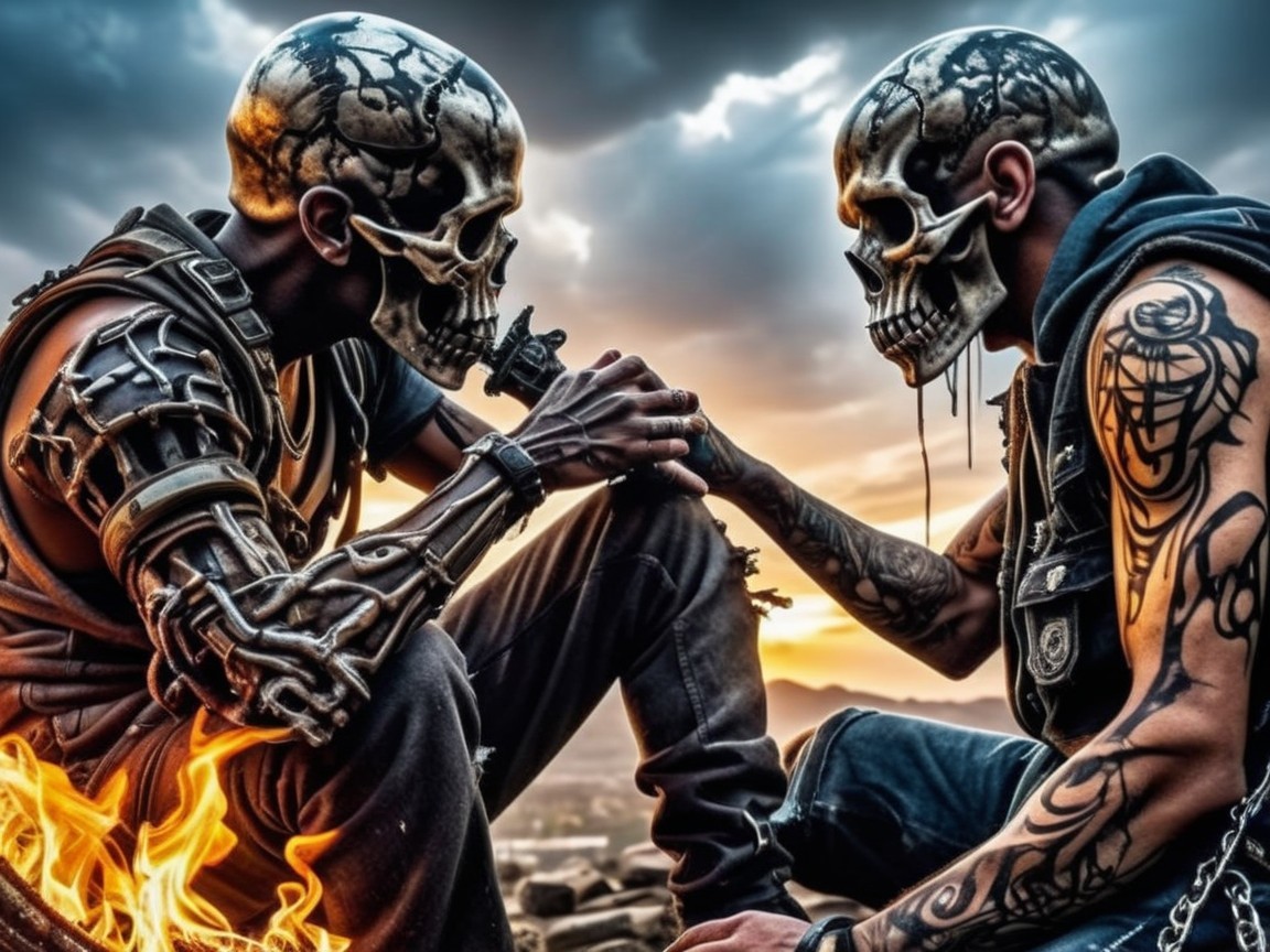 Skull-Headed Figures in Futuristic Gothic Setting