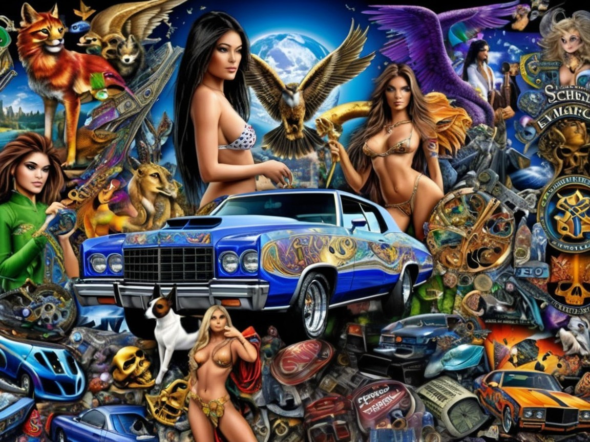 Vibrant collage with a blue car and fantasy elements
