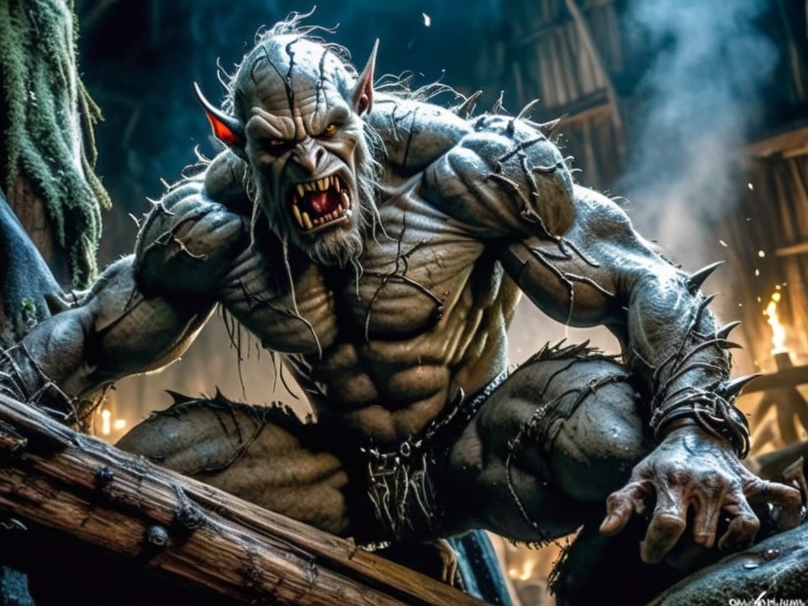 Muscular Gray Creature with Sharp Fangs on Wooden Beam