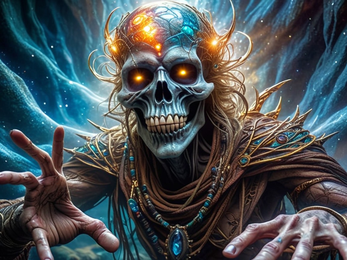Haunting Figure with Skull Head and Glowing Eyes