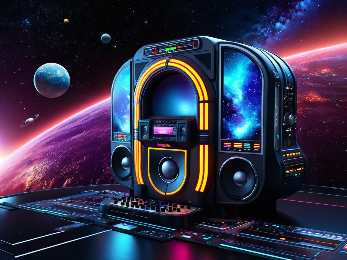 Futuristic jukebox with cosmic and neon design elements