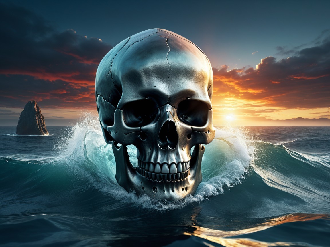 Metallic Skull Emerges from Ocean at Sunset