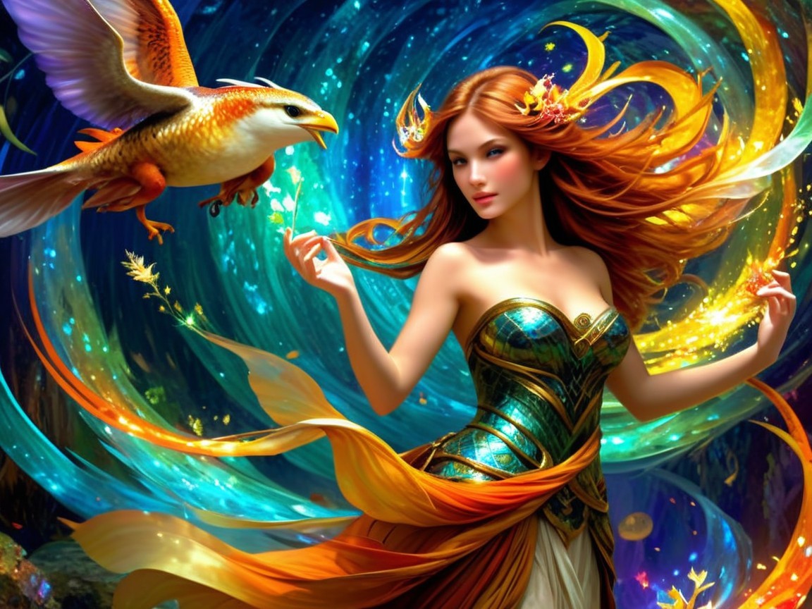 Woman in Teal Gown Surrounded by Mythical Elements