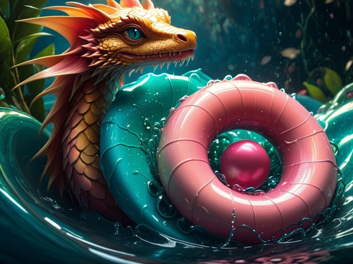 Vibrant Dragon in Turquoise Waters with Pool Float