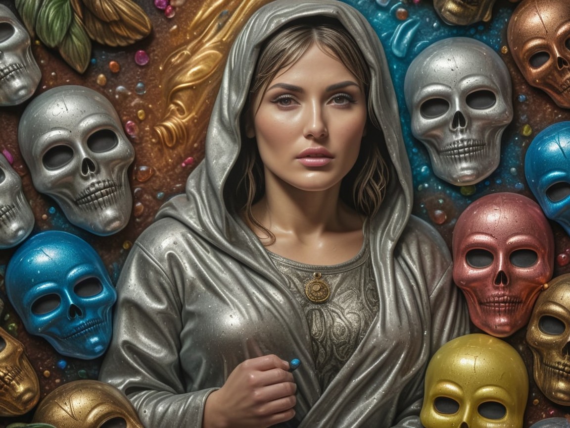 Portrait of a Woman in Silver Cloak with Colorful Skulls