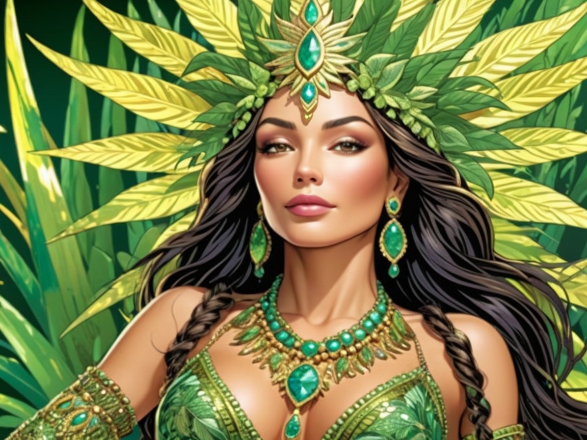 Woman in Emerald-Green Attire with Leaf Headdress