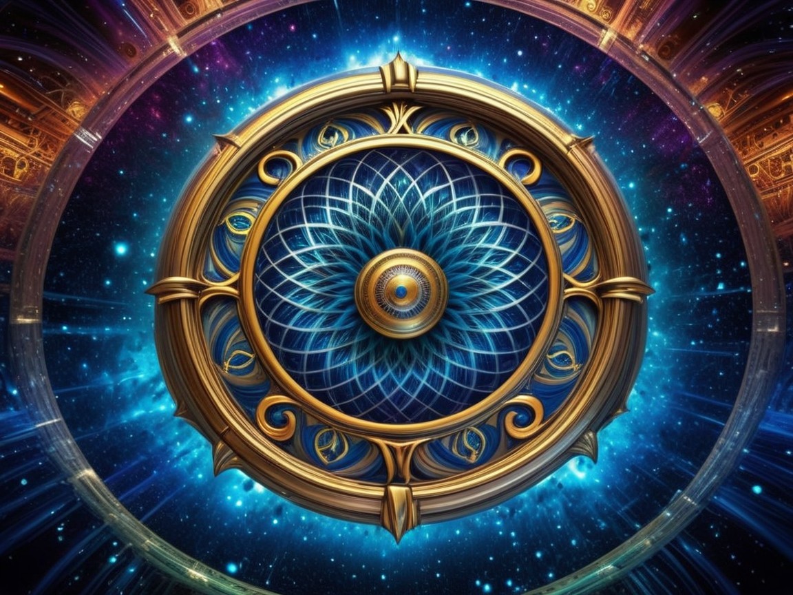 Ornate Cosmic Mandala with Golden Patterns and Galaxies