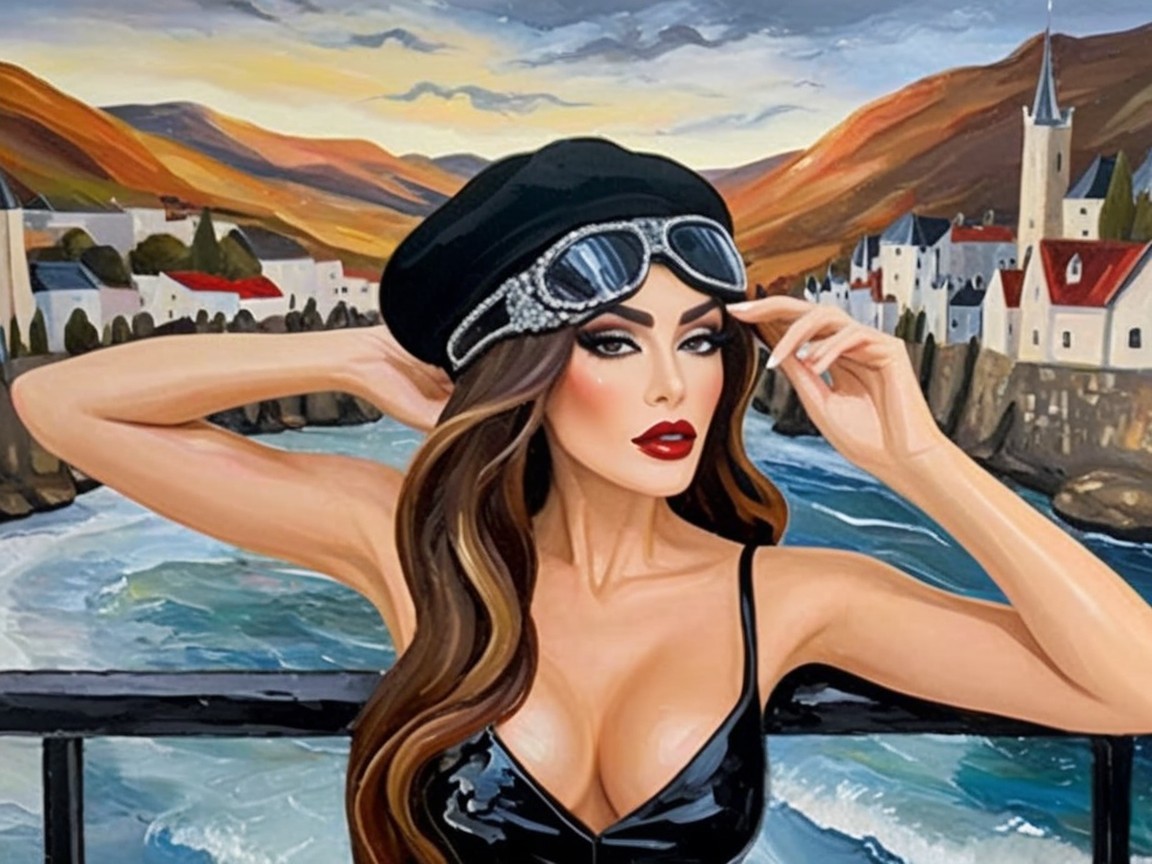 Elegant Woman in Scenic Mountain and River Setting