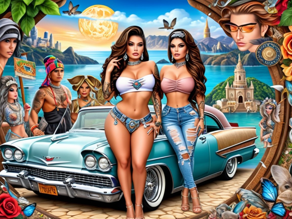 Glamorous Women with Vintage Car in Tropical Setting
