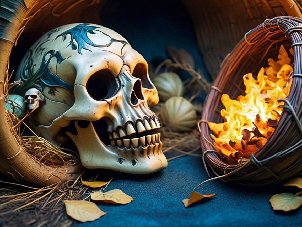 Realistic Skull on Straw with Autumn Leaves and Flame