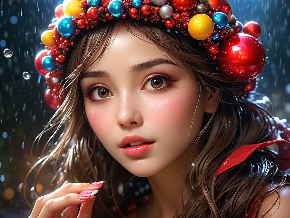 Anime-style girl with decorative wreath and raindrops
