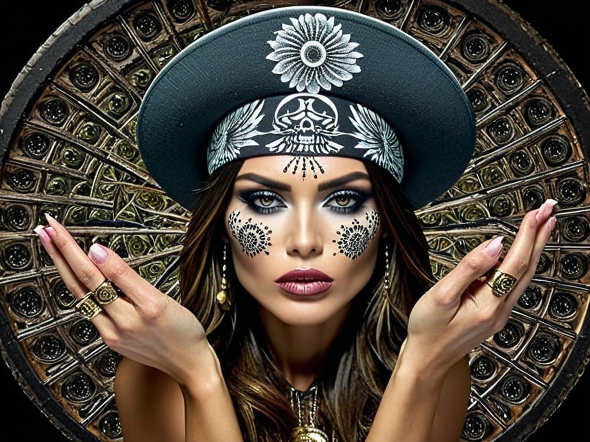 Striking Woman with Intricate Face Makeup and Hat