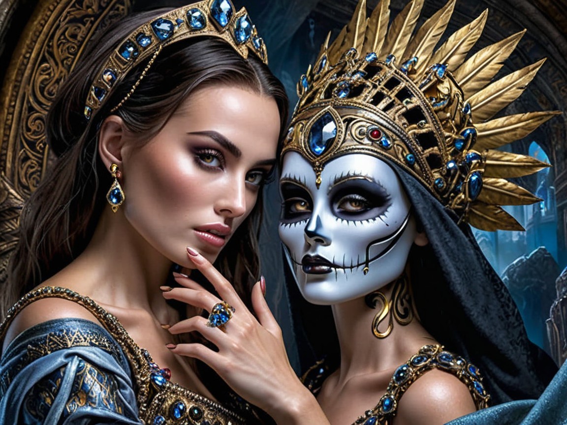 Elegant Women in Dramatic Royal Attire and Makeup