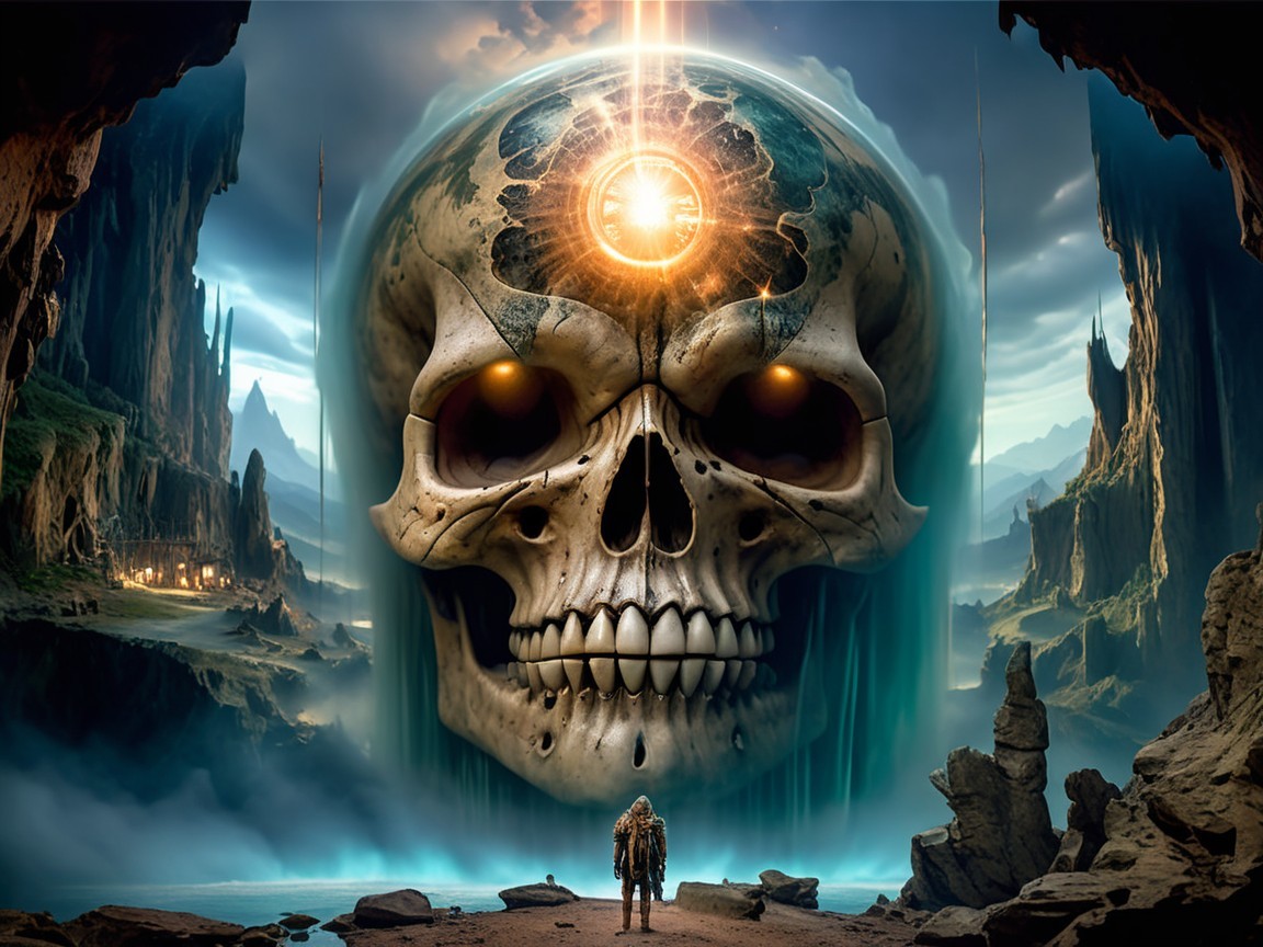 Colossal Skull in Surreal Landscape with Glowing Orb
