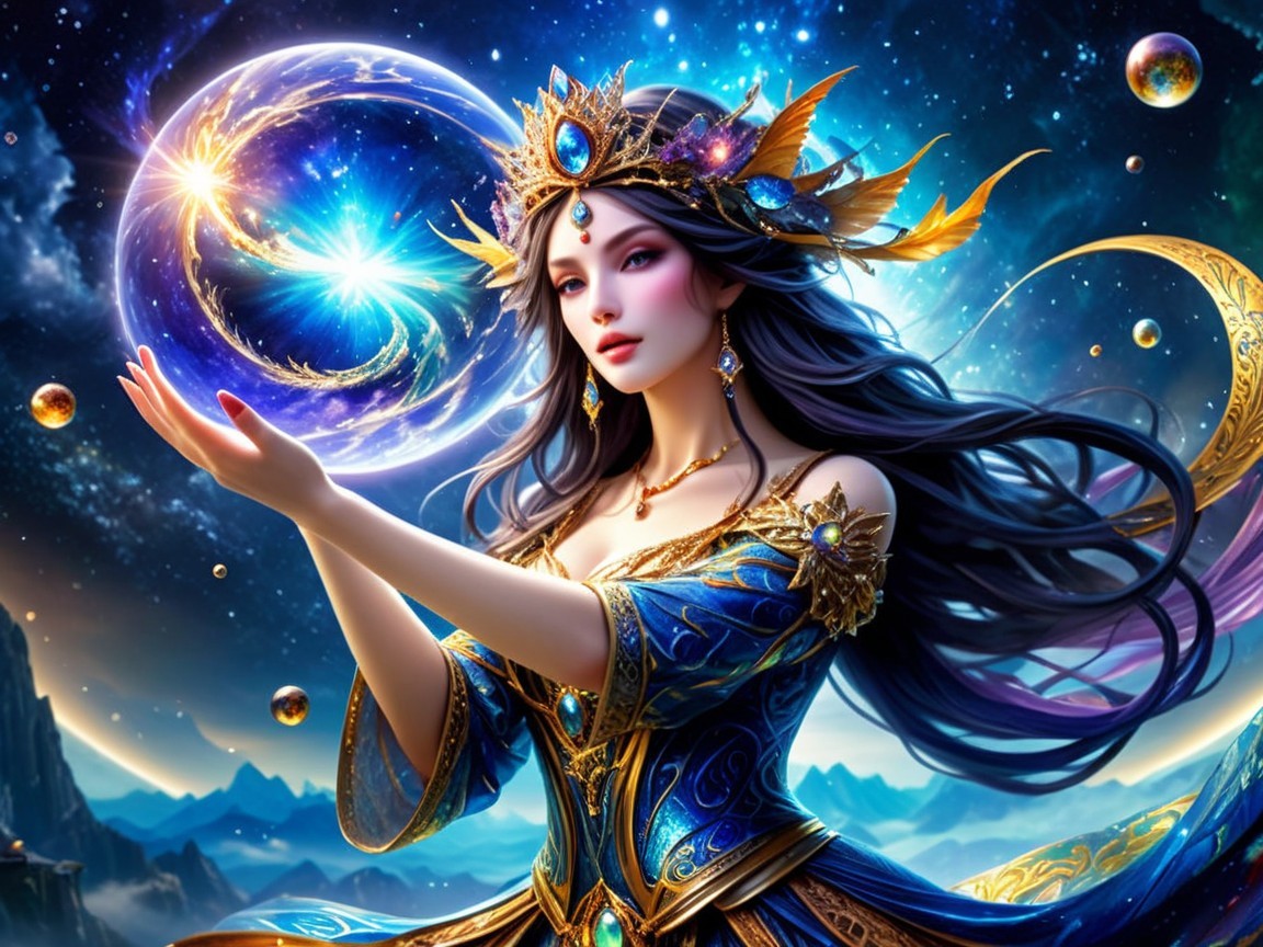 Ethereal Woman in Blue Gown with Cosmic Background