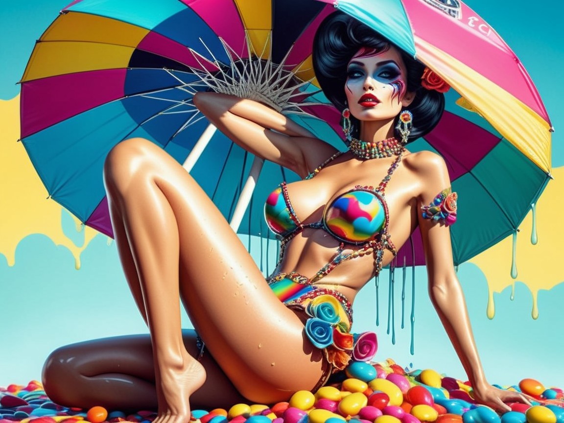Glamorous Figure Under Colorful Umbrella with Candies