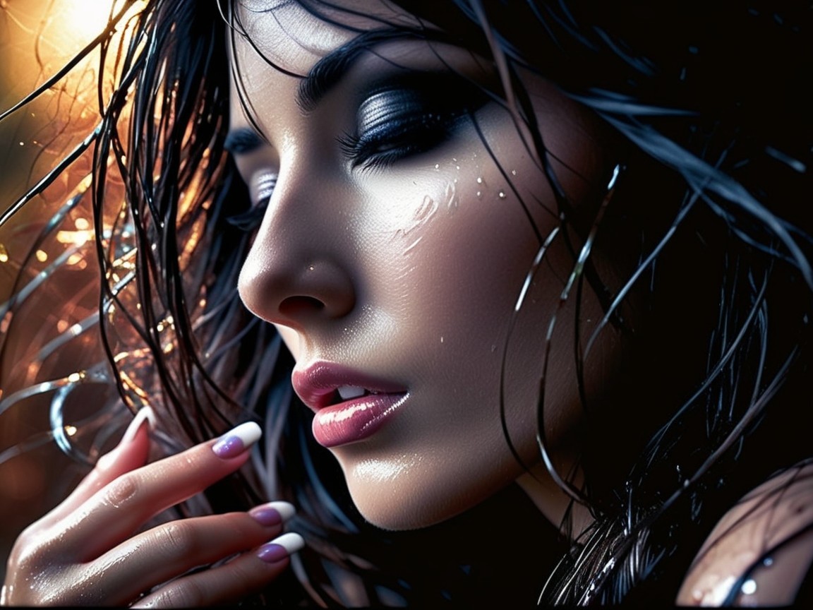 Close-up of a woman with wet black hair and radiant skin