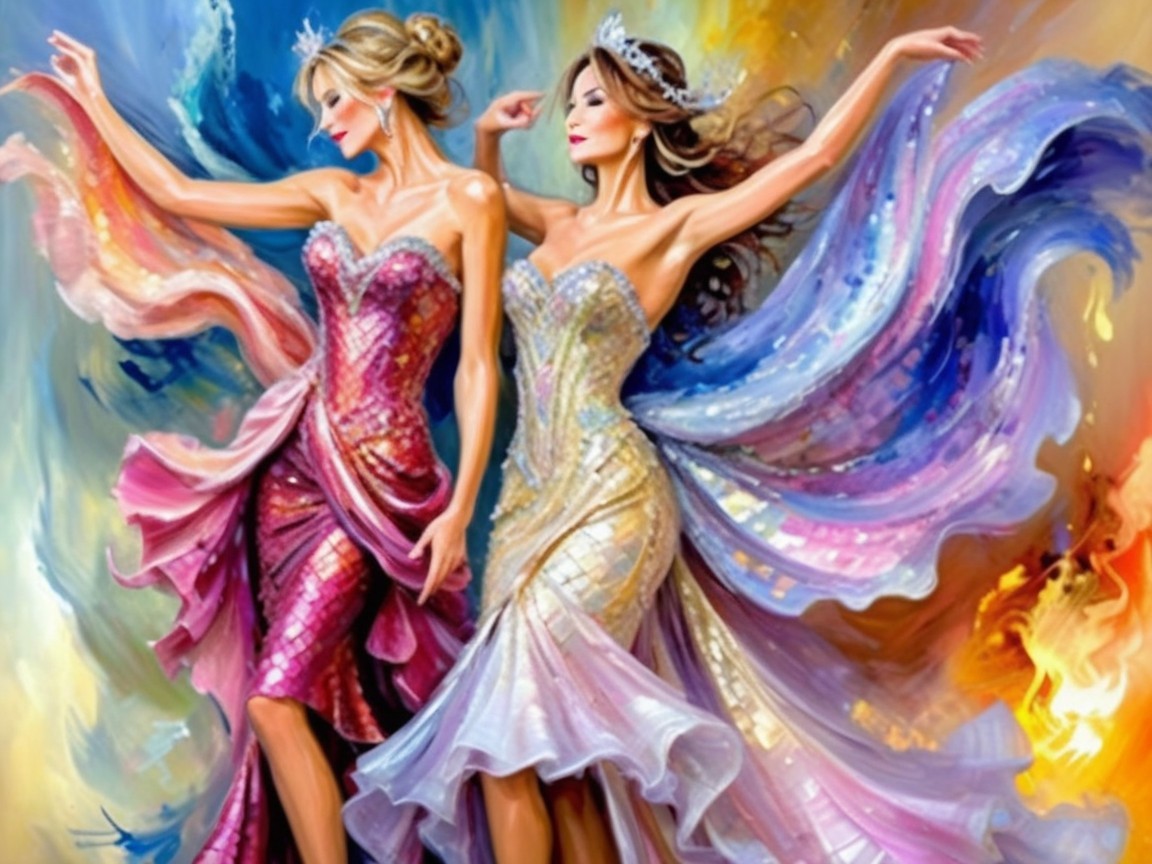 Elegant Women in Colorful Gowns with Flowing Capes