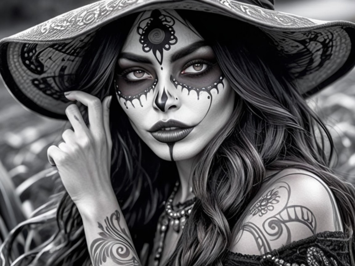 Black-and-White Portrait of Woman with Sugar Skull Makeup