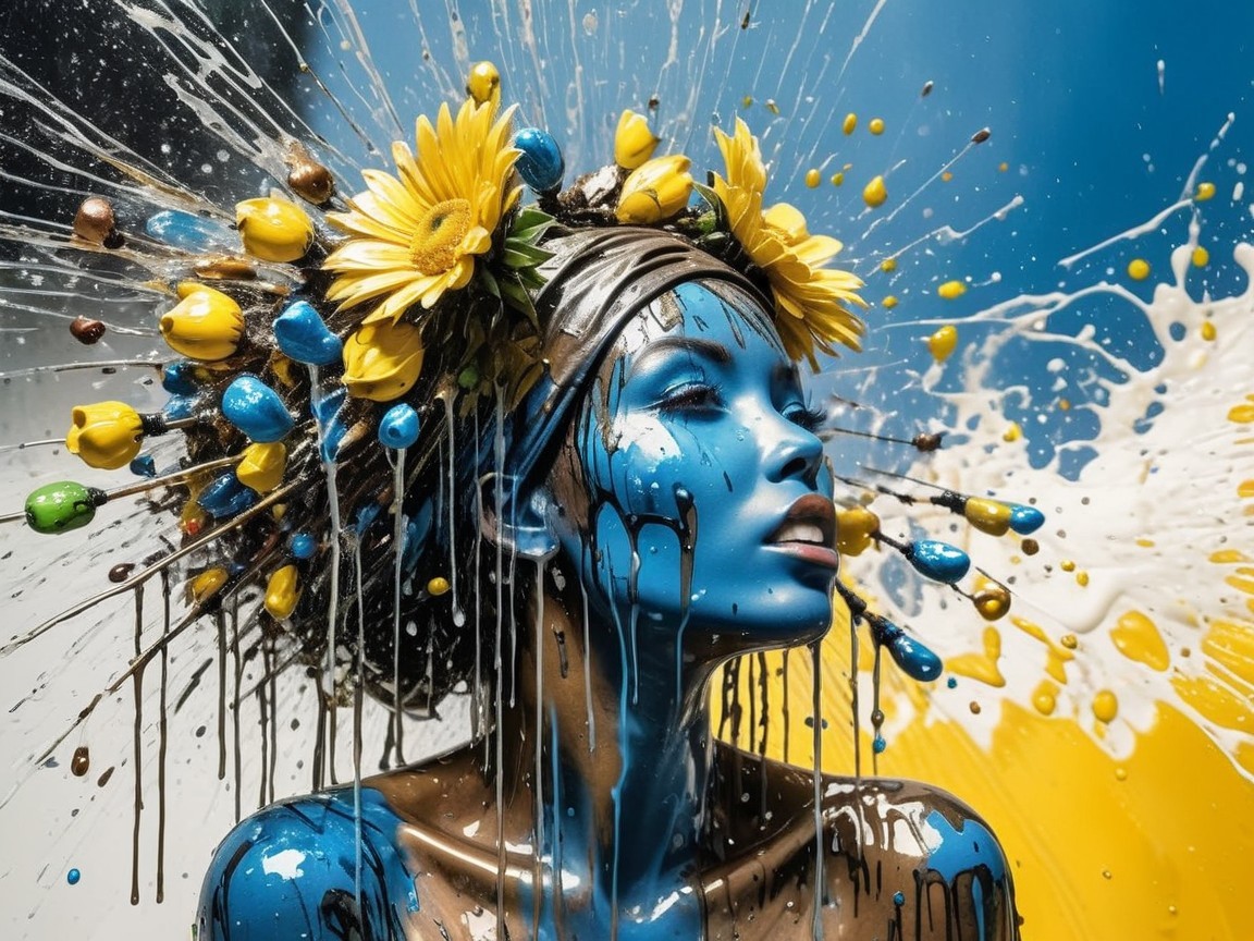 Vibrant Blue-Skinned Woman with Sunflower Crown