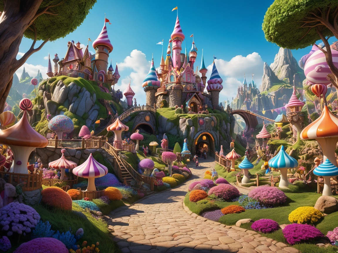 Whimsical Fairy Tale Landscape with Colorful Castle