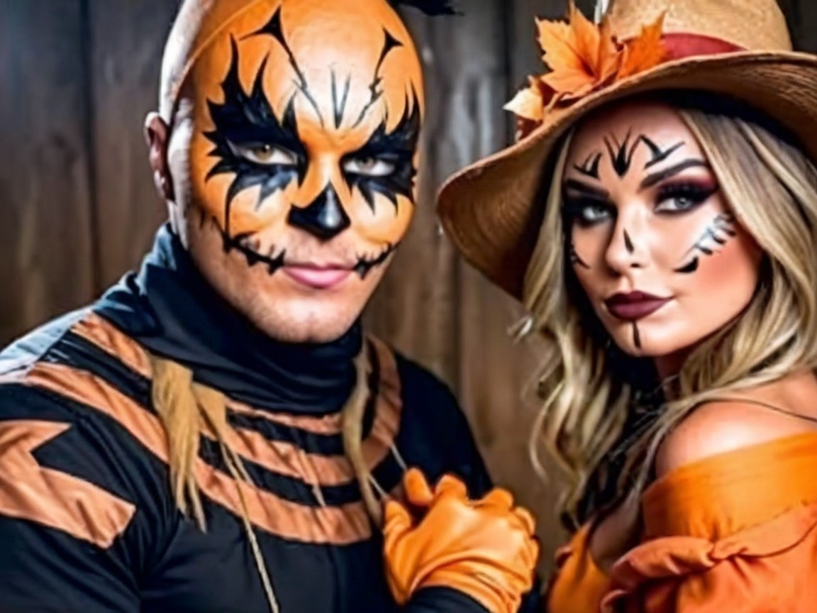 Couple in Festive Halloween Costumes with Pumpkin Theme