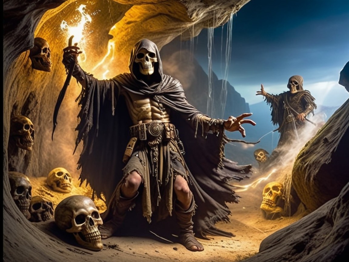 Skeletal Figures in a Mystical Cave with Glowing Torch