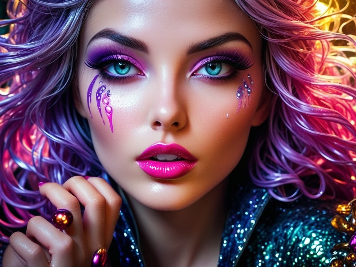 Close-up of a woman with purple hair and blue eyes