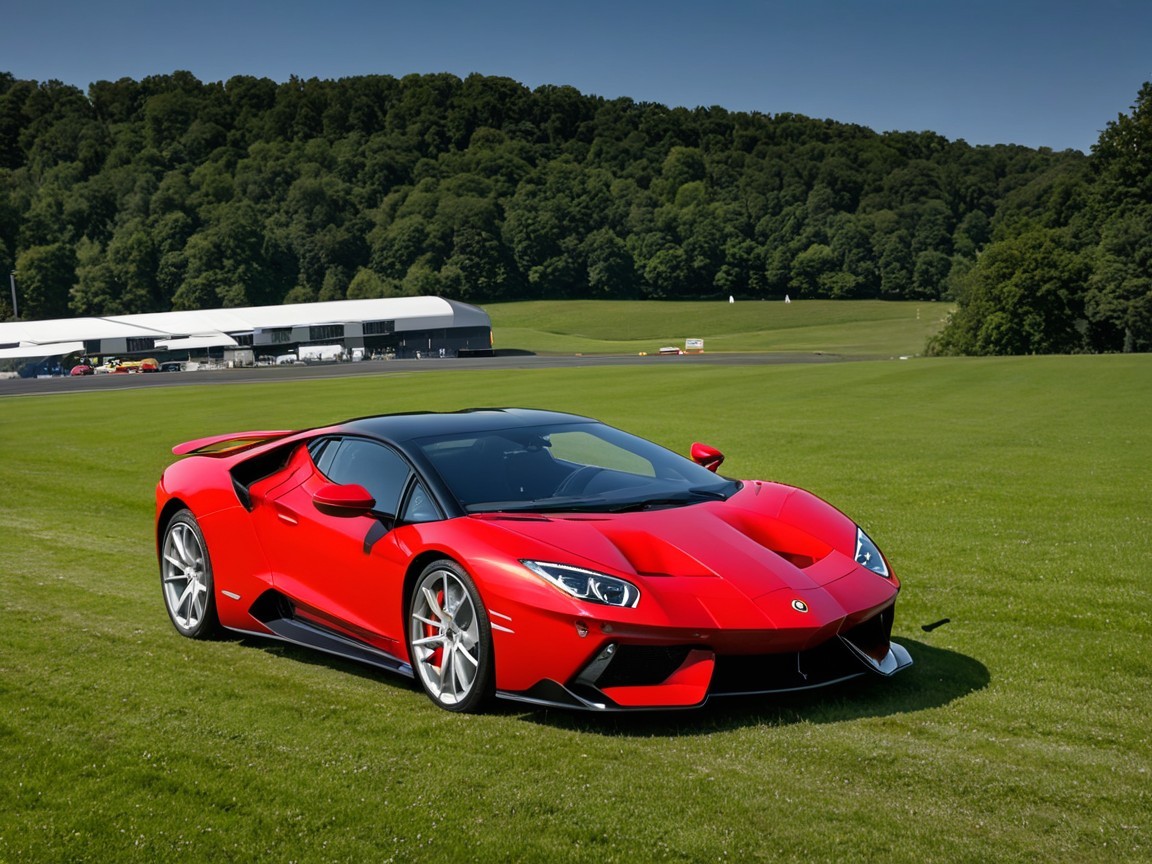 Red Sports Car on Green Field with Clear Sky Background