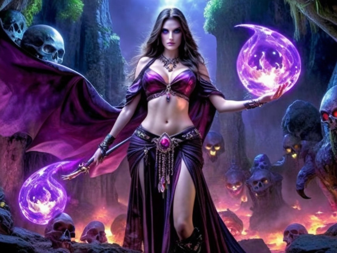 Sorceress in Mystical Landscape with Glowing Orbs