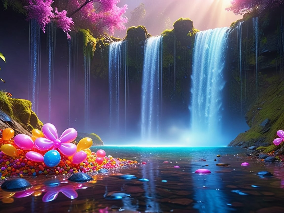 Cascading Waterfalls in a Vibrant Pink Tree Landscape