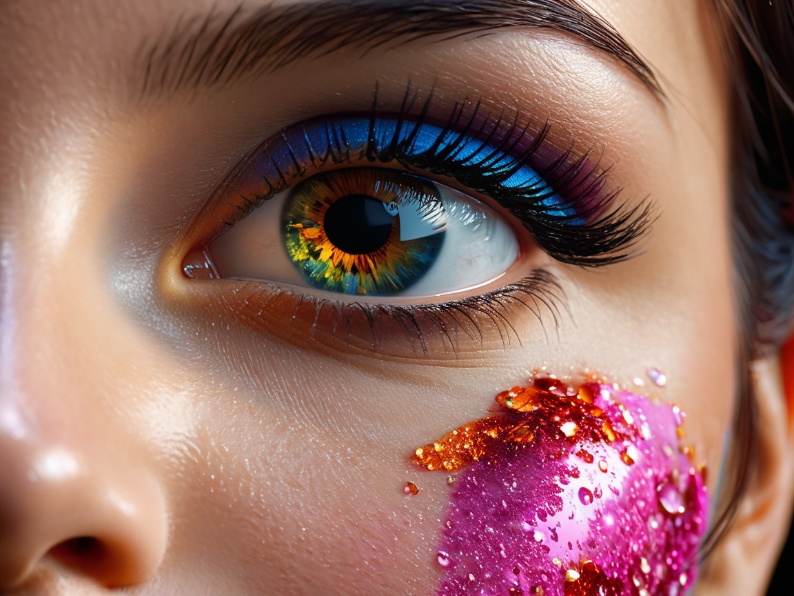 Close-Up of a Colorful Woman's Eye and Cheek Makeup