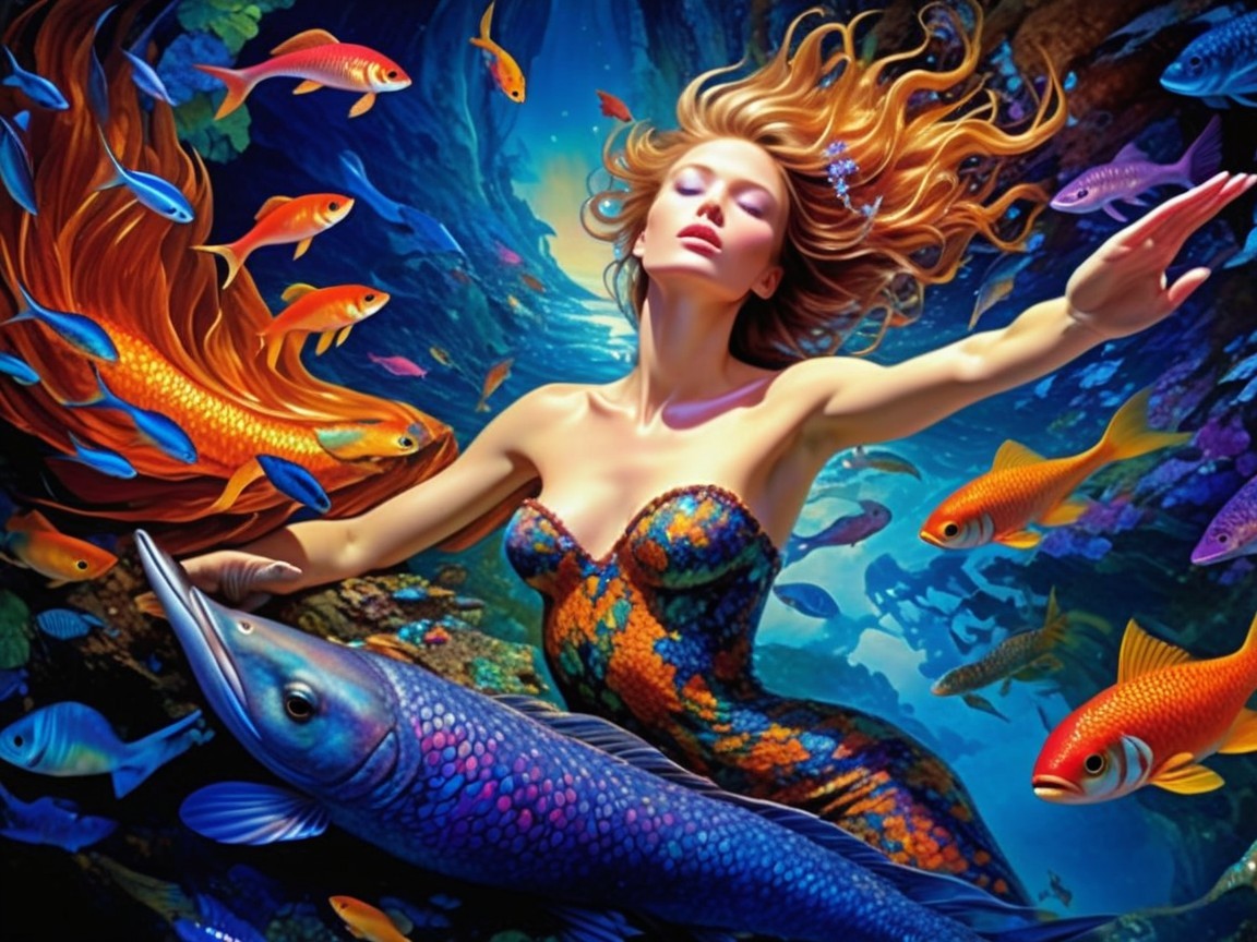 Underwater Scene with Woman and Tropical Fish