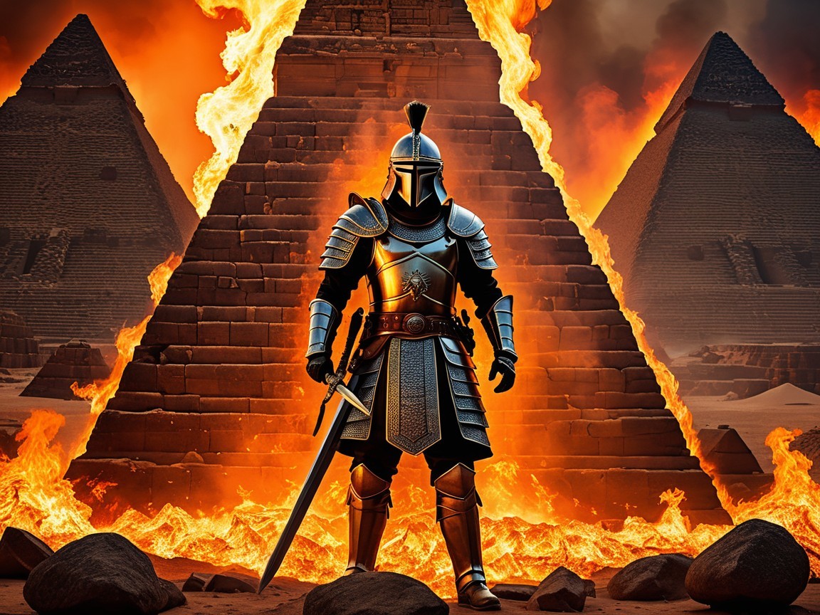 Knight in Armor Before Flaming Pyramids Scene