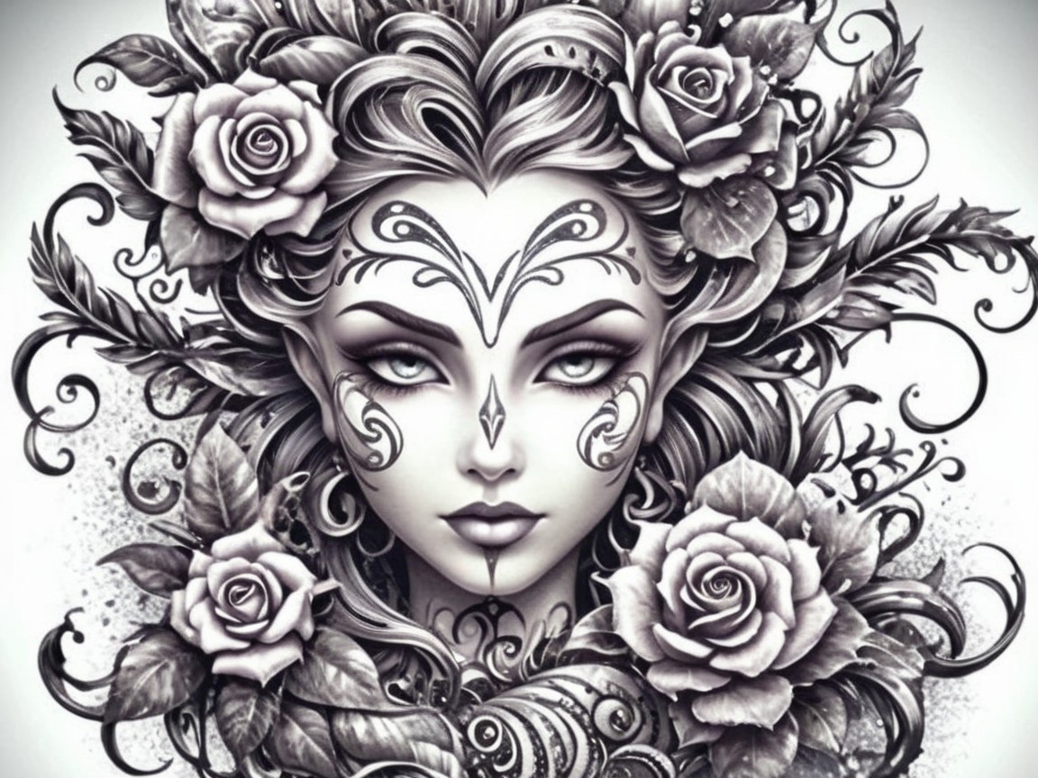 Intricate Female Figure with Floral Patterns and Tattoos