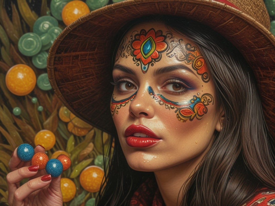 Portrait of a woman with vibrant face paint and hat