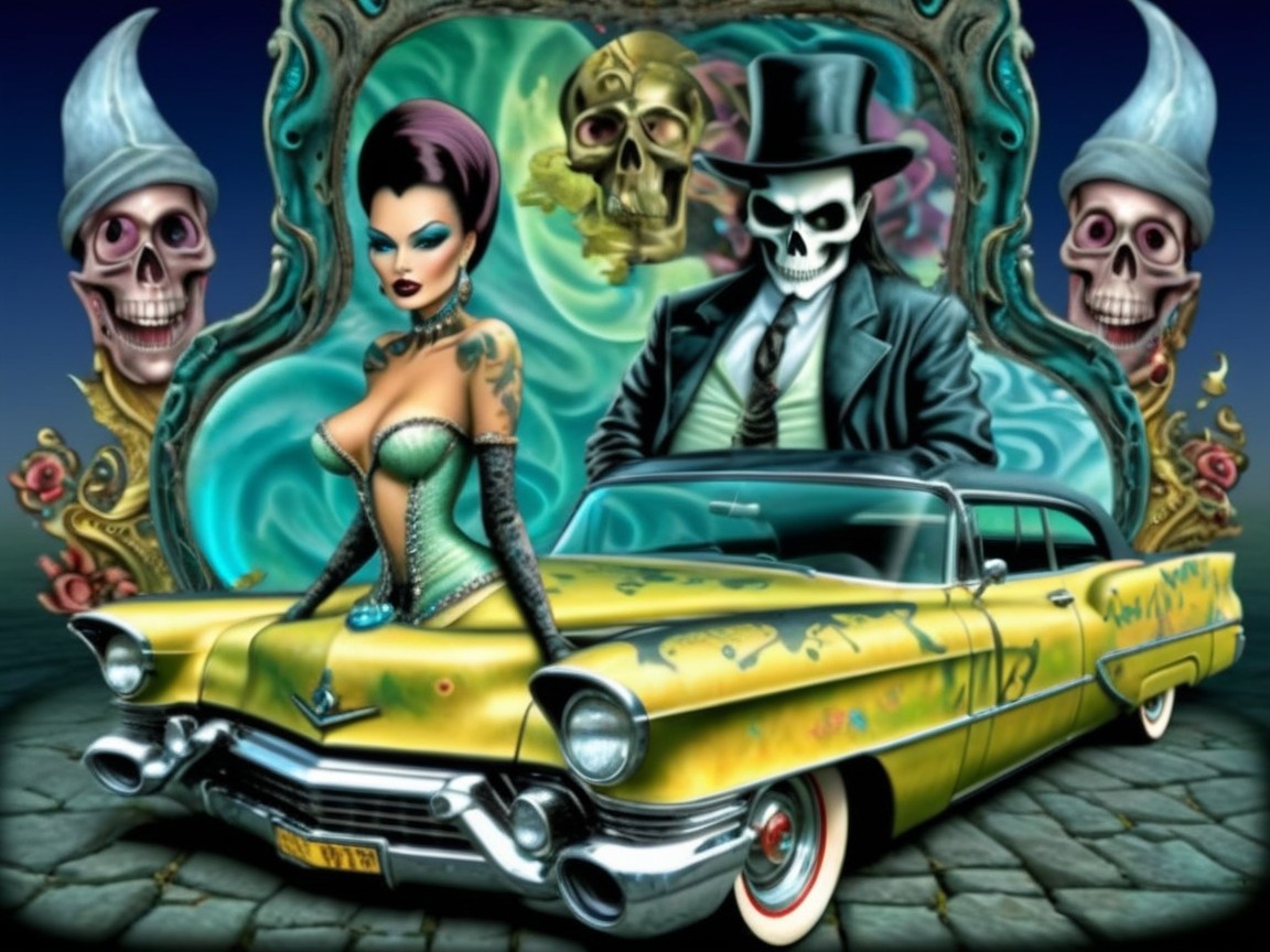 Vibrant Artwork of Classic Car and Surreal Elements