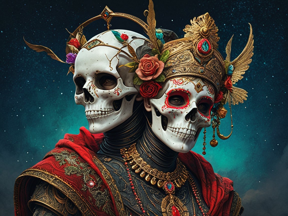 Intricately Decorated Skulls with Vibrant Flowers