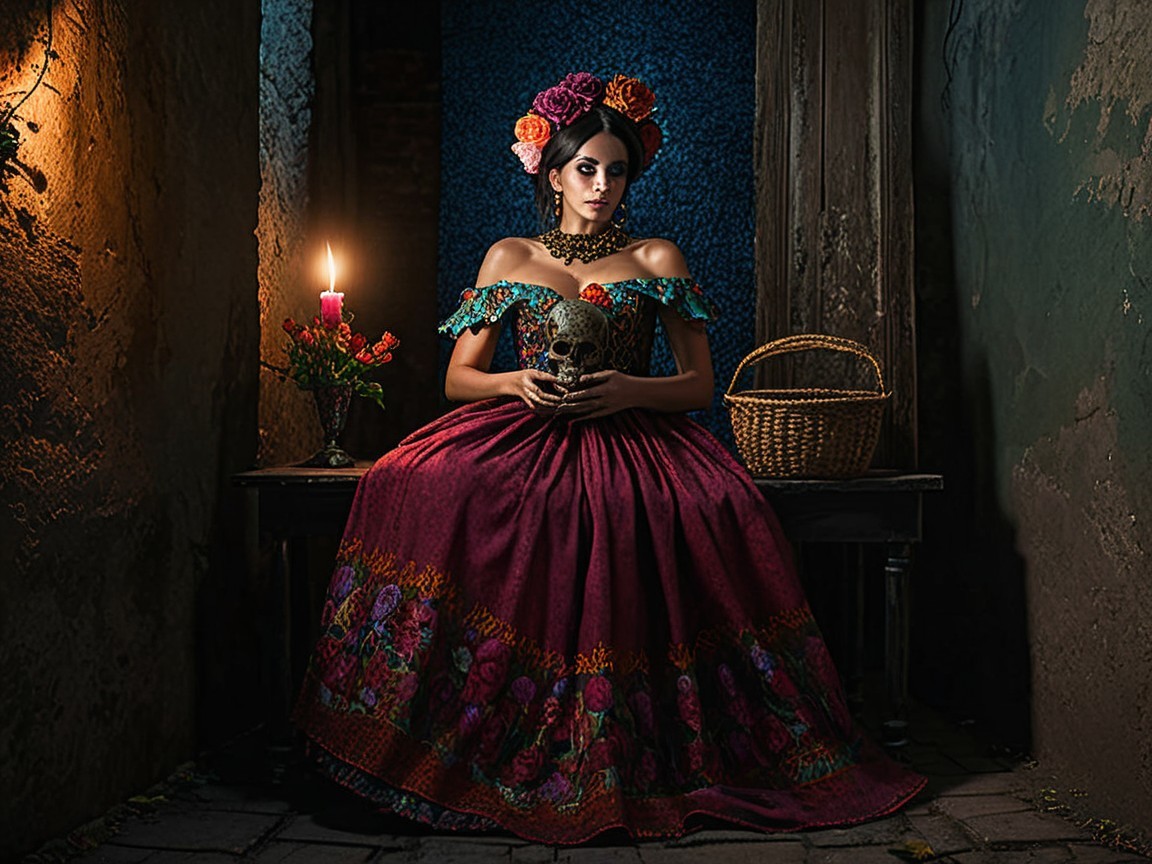 Elegant Woman in Floral Gown with Decorative Skull