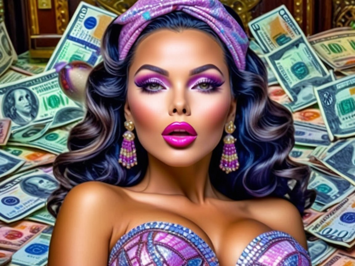 Glamorous Woman with Bold Makeup and Wealthy Background