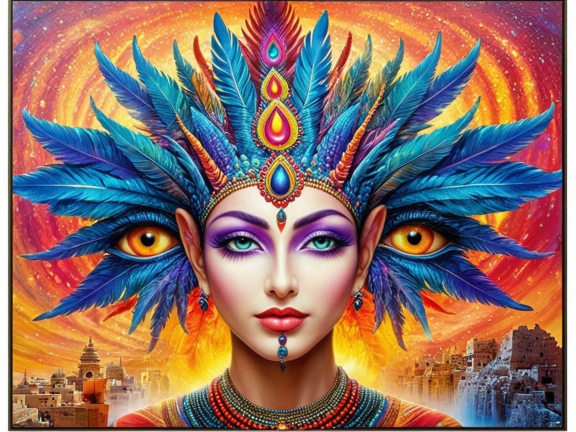 Surreal Portrait of a Woman with Feathered Headdress