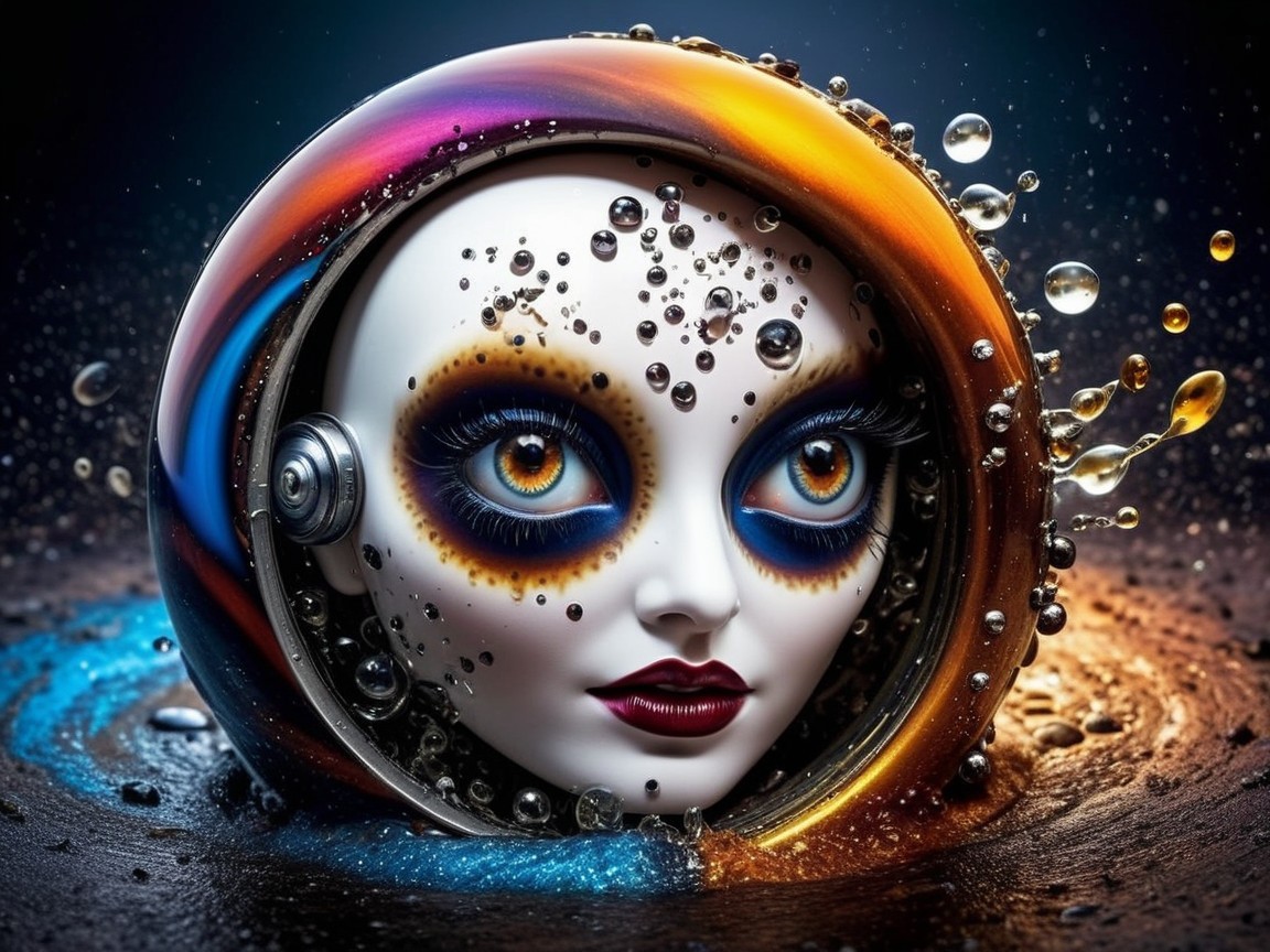 Surreal Doll's Head in Colorful Liquid Pool