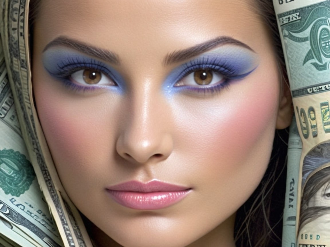 Close-Up of Woman with Bold Makeup and Dollar Bills