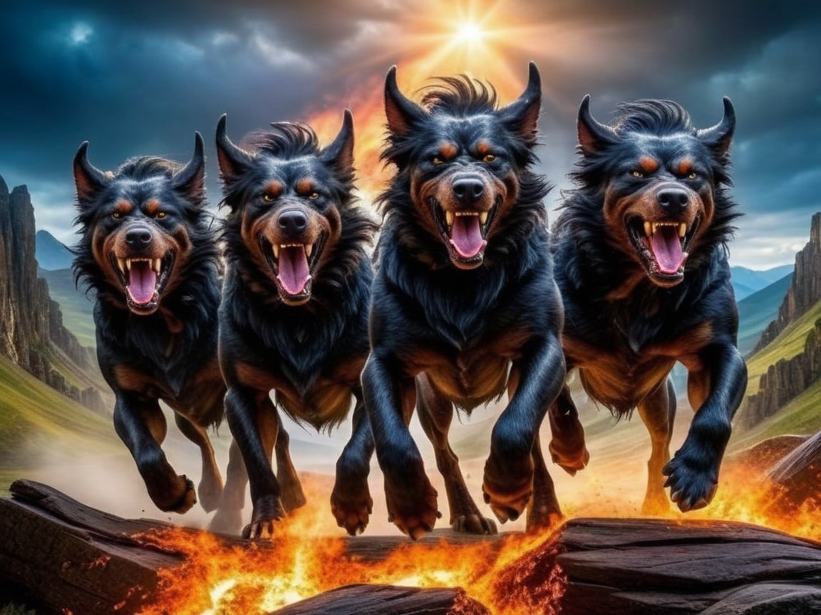 Black Dogs in Fiery Landscape with Mountains