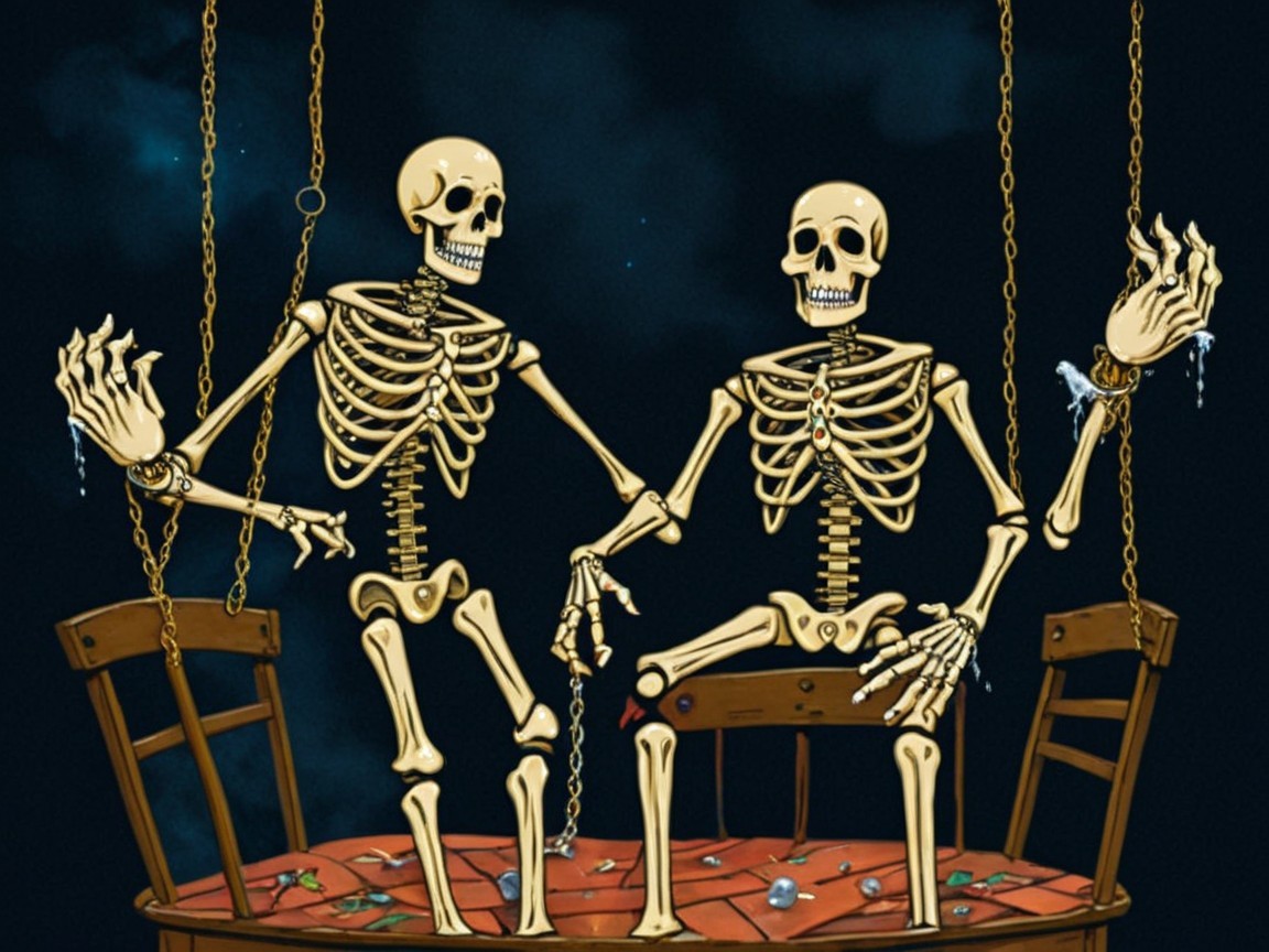 Cartoonish Skeletons on Chairs in Mysterious Setting